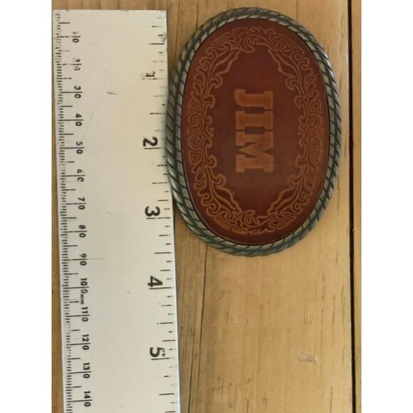 Vintage Brass & Leather Embossed Belt Buckle. "JIM" Oval. - Picture 3 of 3